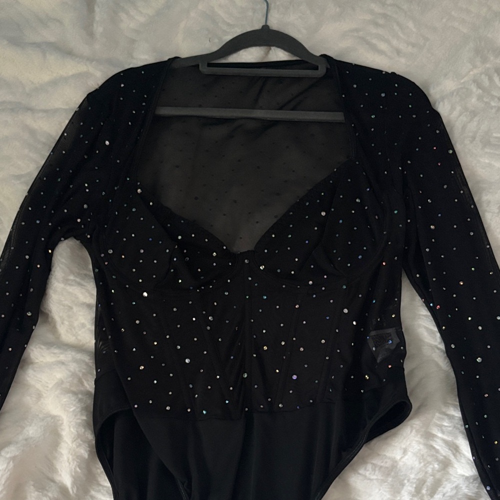 SHEIN Black Rhinestone Embellished Bodysuit